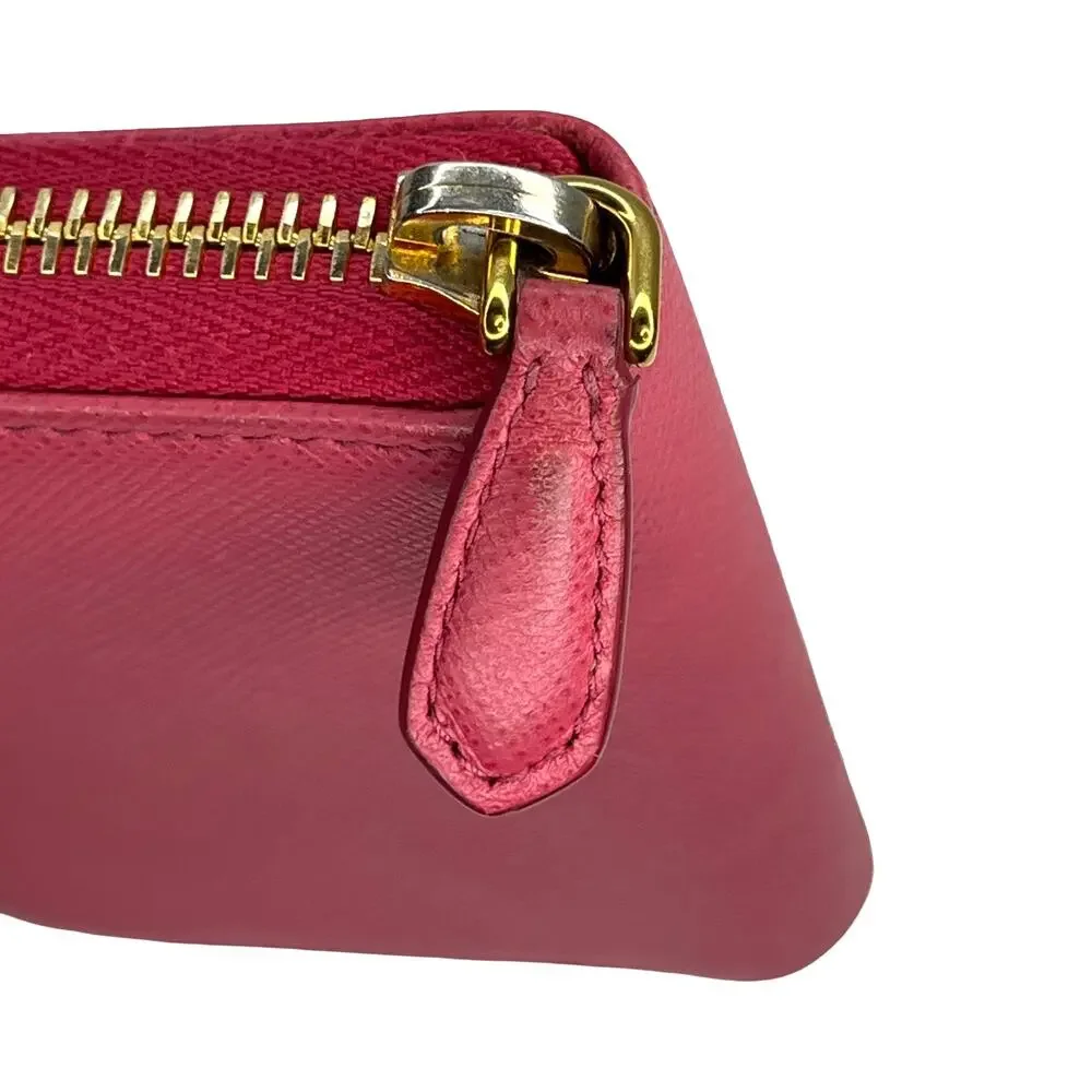 Prada Saffiano Leather Zip Coin Purse Compact Wallet Pink Gold Logo Italy Small